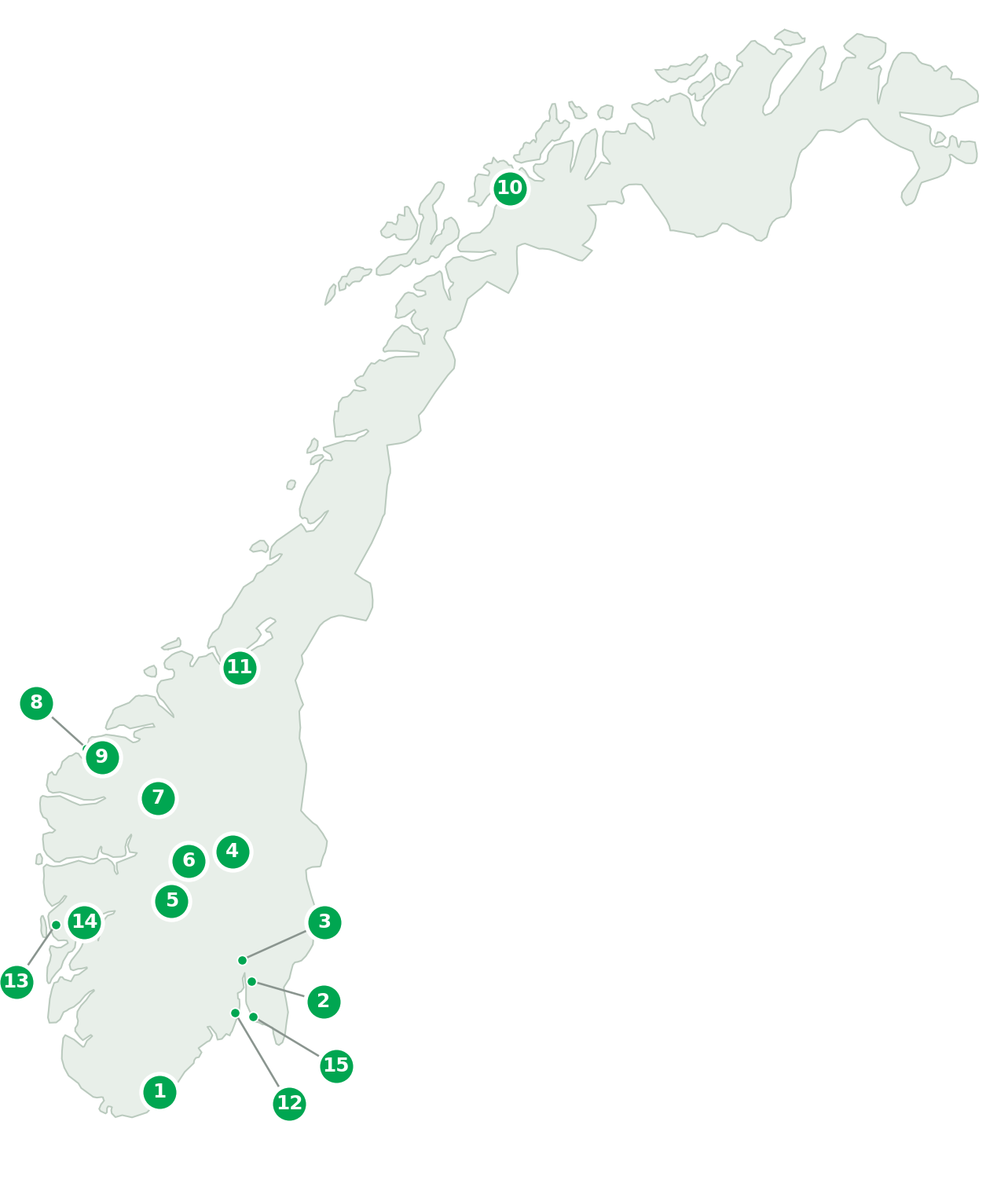 Kart over Glasopor-forhandlere i Norge, nummerert 1 til 15