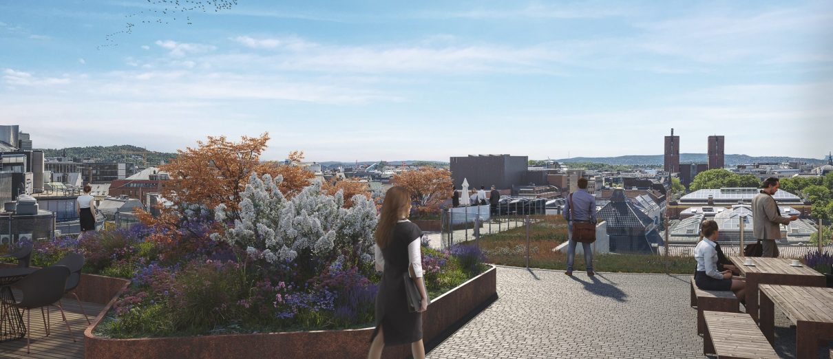 Slik ser man for seg at takterrassen kan bli seende ut – Illustrasjon: 3D Estate for Entra